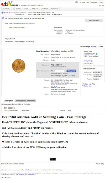pknight1946 eBay Listing Using our 1926 Austrian Gold 25 Schillings Coin Photograph